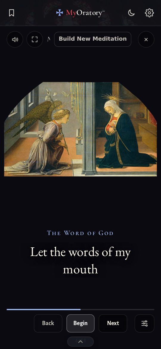 A guided meditation beneath Fra Filippo Lippi’s Annunciation, showing one line of prayer